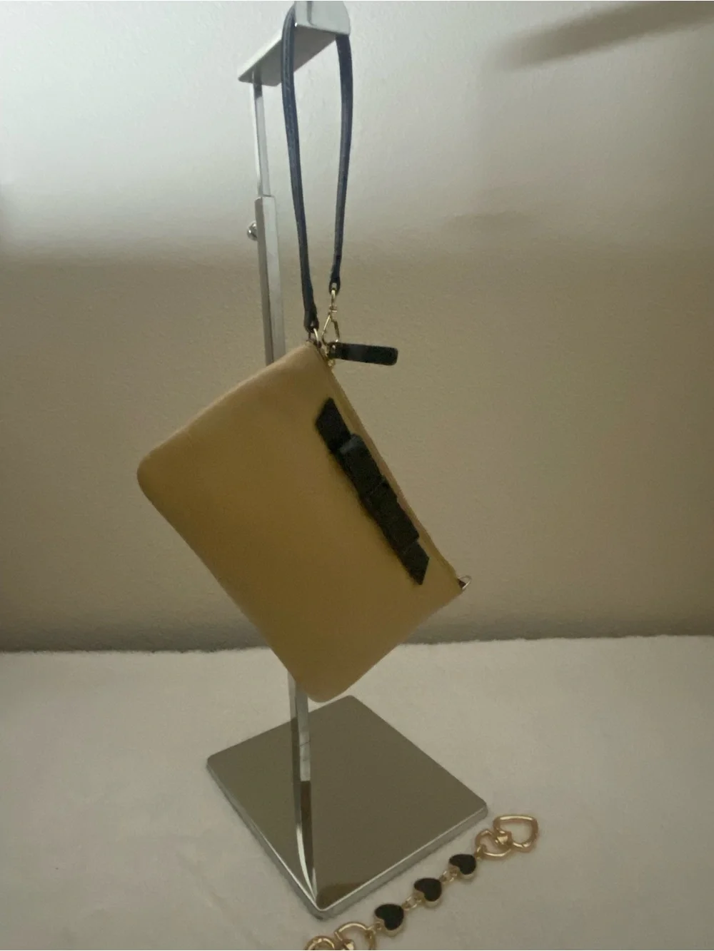 kate spade Caramel Wristlet with Black Bow and Gold Heart-Link Extender